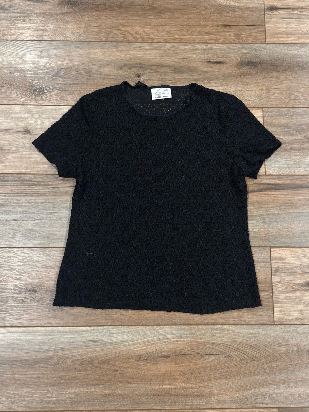 KATHIE LEE Casual Vintage 90s Y2k Fitted Black Lace Sheer Baby Tee | Size Medium